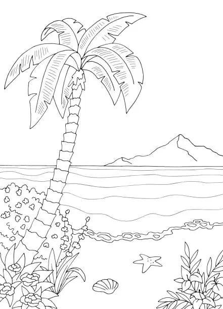 Vector illustration of Sea coast graphic black white landscape sketch vertical illustration vector