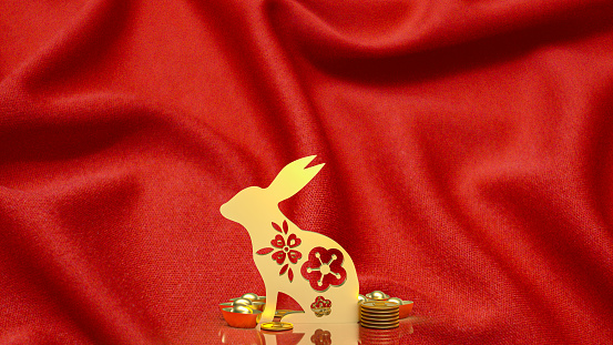 gold rabbit and vintage Chinese money on red background  3d rendering