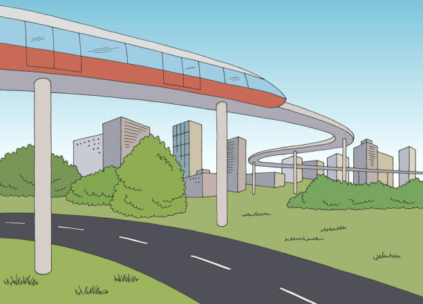 монорельсовая железная дорога город графический цвет пейзаж эскиз иллюстрация вектор - urban scene railroad track train futuristic stock illustrations