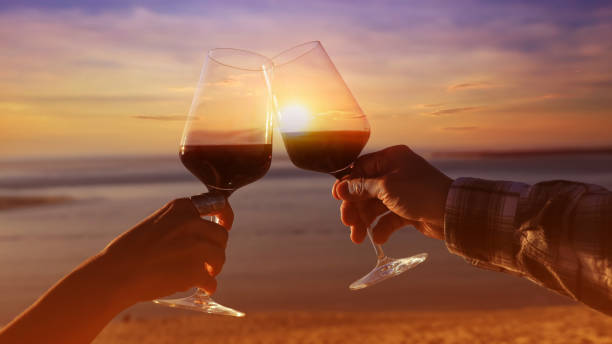 istock Silhouette romantic couple  toasting each other with wine while sitting together on a sandy beach at sunset scene mood 1452309445