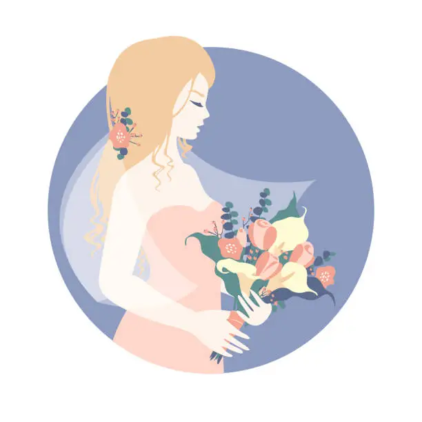 Vector illustration of Bride with a red flowers bouquet
