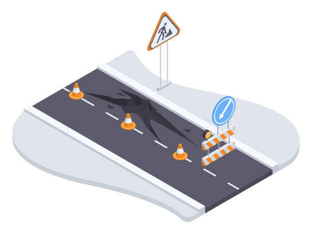 Isometric cracked city road. Urban city asphalt road under construction, road fenced with security signposts and barriers 3D vector illustration. Danger road section Isometric cracked city road. Urban city asphalt road under construction, road fenced with security signposts and barriers 3D vector illustration. Danger road section paved yard stock illustrations