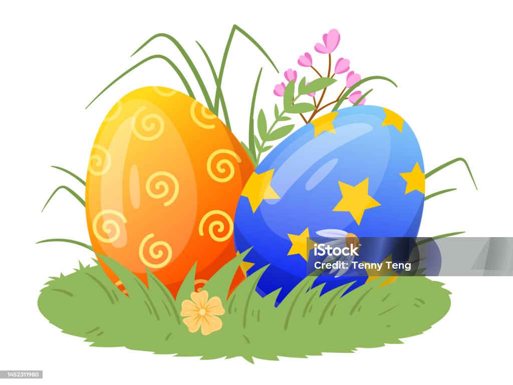 Ilustración de Huevos De Pascua De Dibujos Animados Huevos De Vacaciones De  Primavera En Césped Huevos Pintados De Colores Ilustración Vectorial Plana  Sobre Fondo Blanco y más Vectores Libres de Derechos de