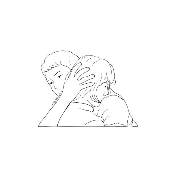 illustrations, cliparts, dessins animés et icônes de illustration minimaliste d’un couple amoureux, couple de dessin au trait - love women little boys affectionate