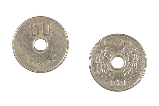 Close up the 50 Yen Japanese Coin isolated on a white background