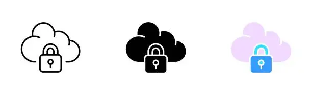 Vector illustration of Cloud storage line icon. Cloud with lock, defense. Protection of personal information. Password for data concept. Vector icon in line, black and colorful style on white background