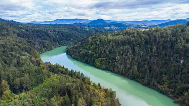 Aerial view of the river Drau in the Jauntal in Carinthia in Austria