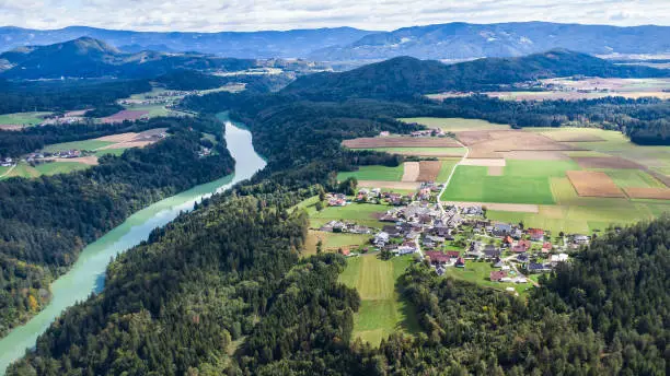 Aerial view of Lavanttal with the river Drau