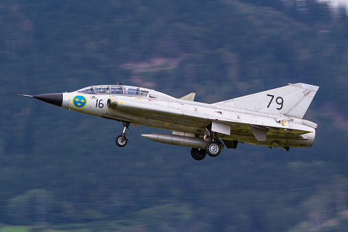 Zeltweg, Austria  01.09.2016: A Saab Draken military jet of the Swedish Air Force landing in Zeltweg, Austria