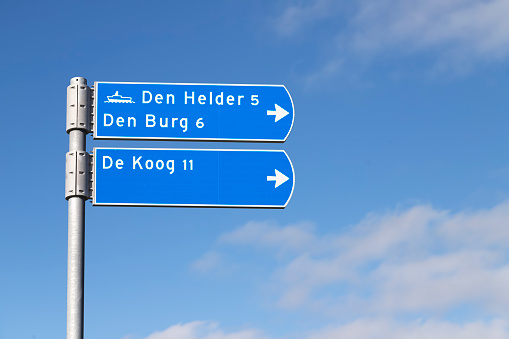 Texel, Netherlands, October 18, 2022; Signposting to various destinations on the Dutch Wadden Island of Texel.