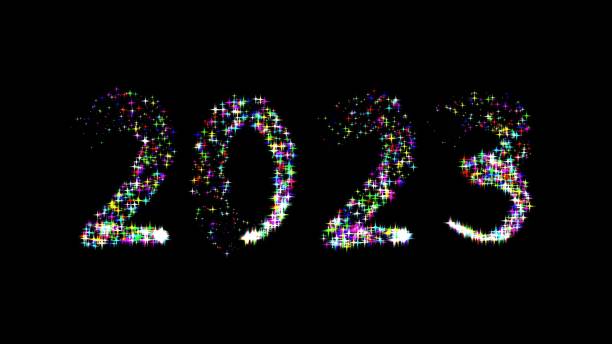 istock Beautiful illustration of 2023 with colorful glitter sparkles isolated on plain black background 1452321196