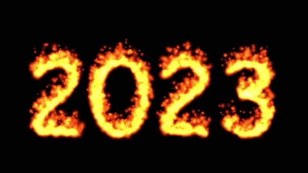 istock Beautiful illustration of 2023 with fire effect isolated on plain black background 1452321197