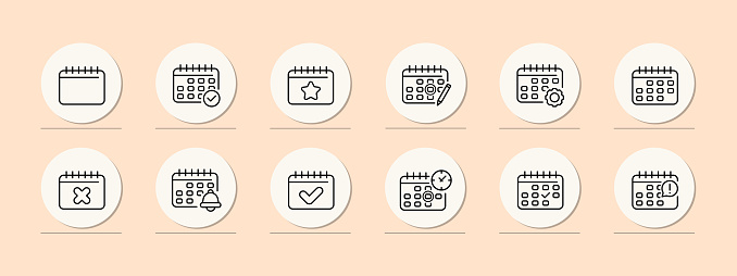 Calendar icon set. Schedule, schedule note, number sheet, time, new year, draft journal, weekly, diary, note. Holiday concept. Pastel color background. Vector line icon for business