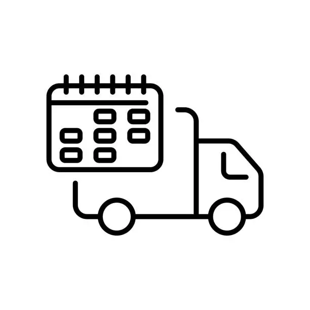 Vector illustration of Delivery van line icon. Food delivery, pizza, mail, search, gear, clock, Truck, garbage disposal, car, box, mail, logistics. Order concept. Vector line icon on white background