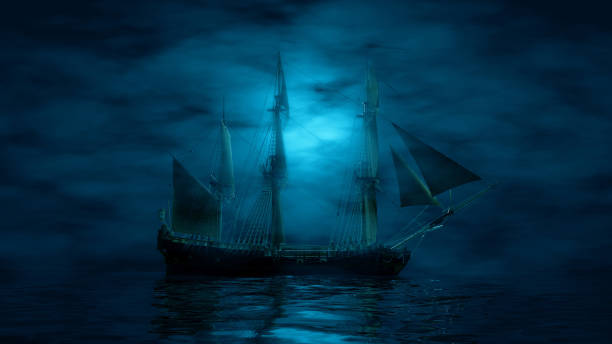 istock pirate ship sailing in the fog in blue lighting 1452323320