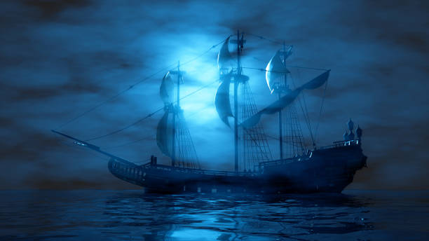 istock pirate ship sailing in the fog in blue lighting 1452323336