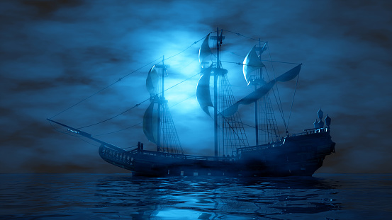 pirate ship sailing in the fog in blue lighting, 3d illustration