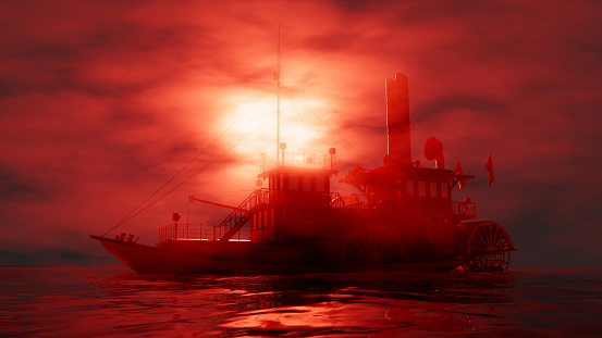 steamship sailing in the fog in red lighting, 3d illustration
