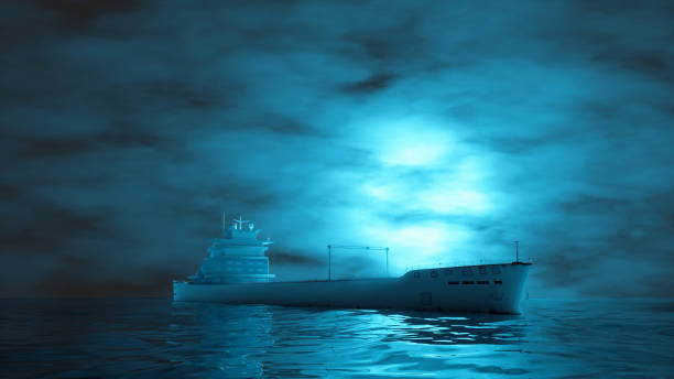istock cargo ship sailing in the fog in blue lighting 1452323344