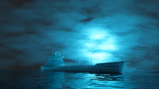 cargo ship sailing in the fog in blue lighting, 3d illustration