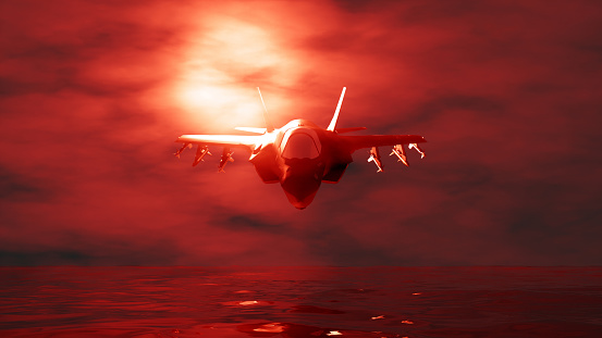 combat jet aircraft flying in the fog in red lighting, 3d illustration
