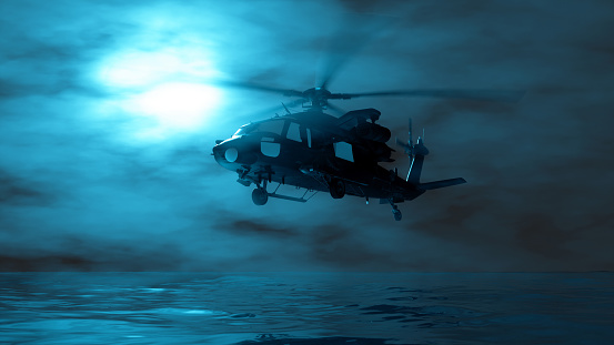 helicopter flying in the fog in blue lighting, 3d illustration