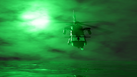 helicopter flying in the fog in green lighting, 3d illustration