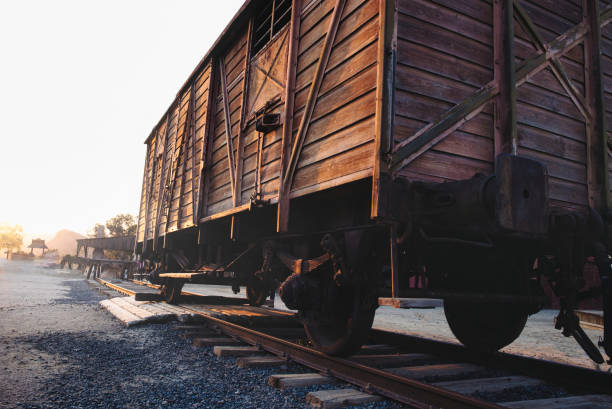 vagão de trem ocidental americano em uma cidade mineira da corrida do ouro durante um dia de neblina - gold rush courgette - fotografias e filmes do acervo