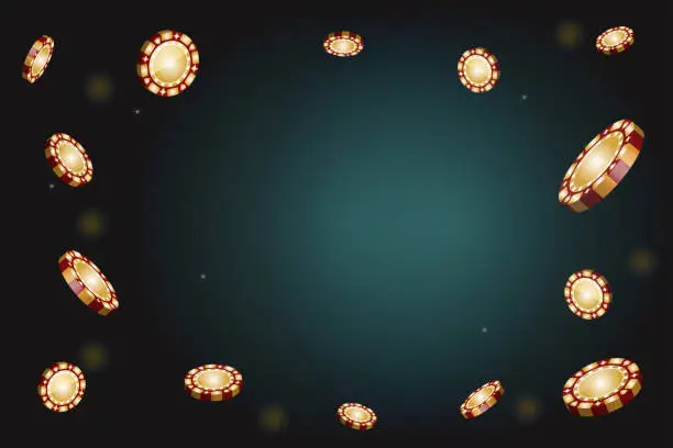 Vector illustration of Falling golden poker chips on dark background with lights, sparkles and bokeh. Vector illustration for casino, game design, flyer, poster, banner, web, advertising.