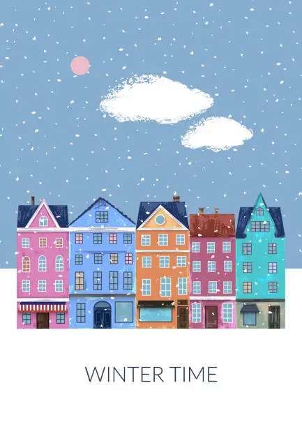 Vector illustration of Winter landscape with houses, snow, trees, clouds
