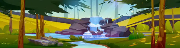 Vector illustration of Waterfall in summer forest, cartoon 2d landscape