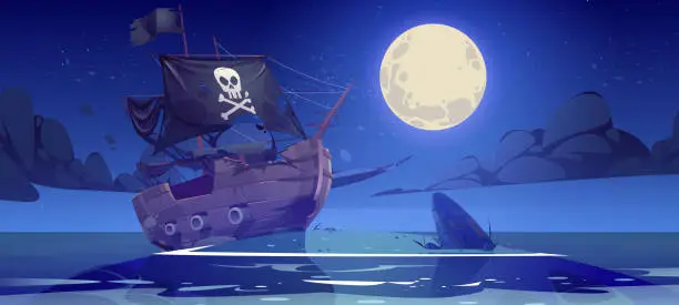 Vector illustration of Island in sea with broken pirate ship at night