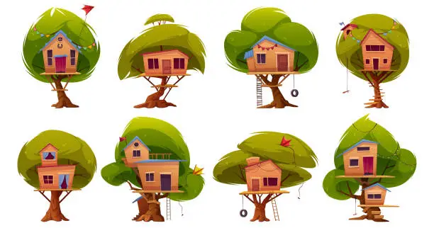 Vector illustration of Wooden tree houses for children