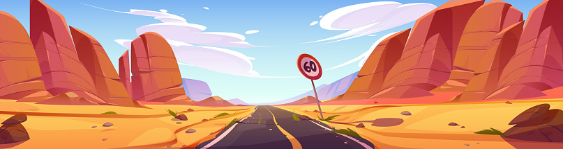 Car road in desert with sand and mountains. Western desert landscape with orange rocks and old asphalt highway with speed limit sign, vector cartoon illustration