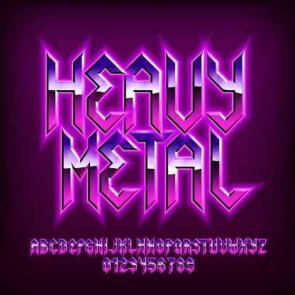 Heavy Metal alphabet font. Glowing letters, numbers and punctuations in heavy metal style. Retro typescript for your typography design.