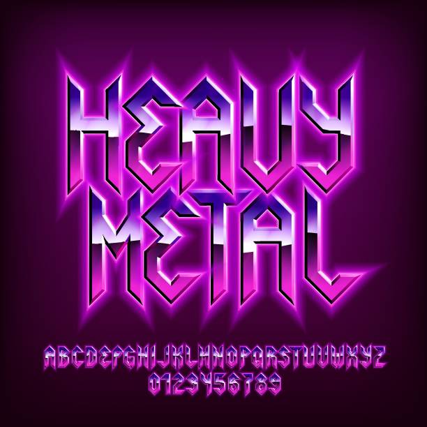 Heavy Metal alphabet font. Glowing letters, numbers and punctuations in heavy metal style. Heavy Metal alphabet font. Glowing letters, numbers and punctuations in heavy metal style. Retro typescript for your typography design. heavy metal stock illustrations