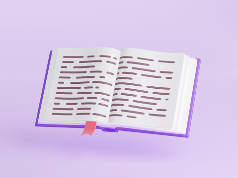 Open book with white paper pages, abstract text, purple cover and bookmark isolated on background. Icon of literature, reading and education concept, 3d render illustration