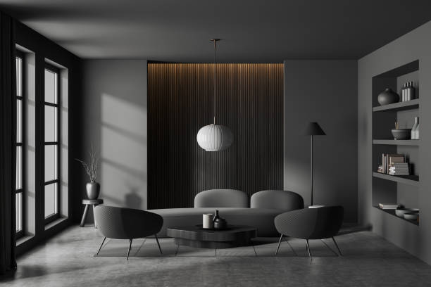 istock Grey meeting room interior with couch and armchairs, shelf and panoramic window 1452334297
