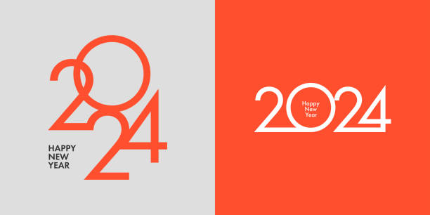 2024년 새해 복 많이 받으세요 포스터의 창의적인 개념. 축하 및 시즌 장식을 위한 타이포그래피 로고 2024가 있는 디자인 템플릿. 브랜딩, 배너, 표지, 카드에 대한 최소한의 트렌디 한 배경 - happy new year 2024 stock illustrations