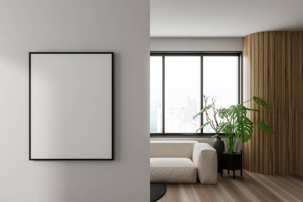 istock Stylish relaxing interior with couch and panoramic window. Mockup frame 1452334966