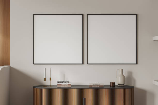 istock Stylish exhibition room interior with drawer and decoration. Mockup frames 1452335044