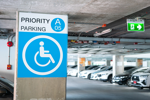 Reserved parking lot for priority or disability person symbol icon. Sign for transportation mode photo, close-up and selective focus.