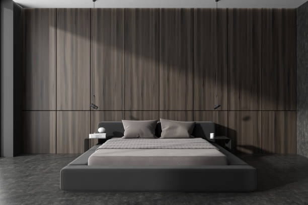 istock Brown bedroom interior with bed and decoration with lamps. Copy space wall 1452335953