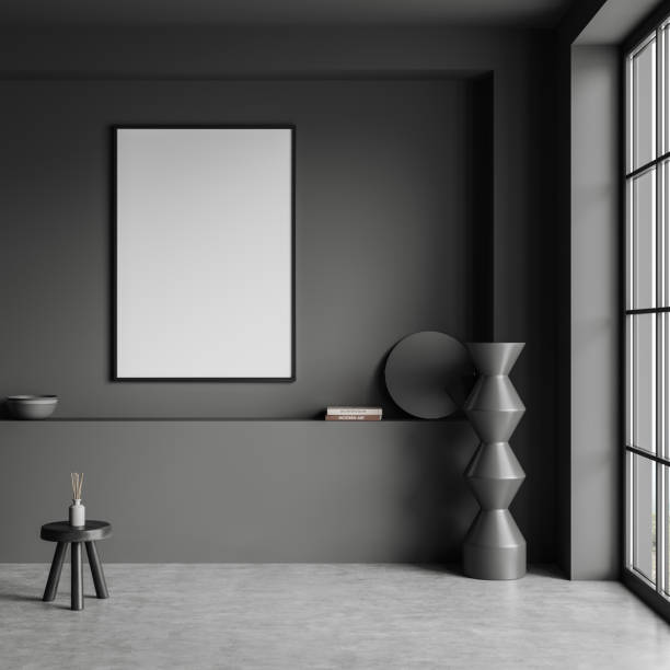 istock Grey living room interior with shelf and decoration, window and mockup frame 1452335958
