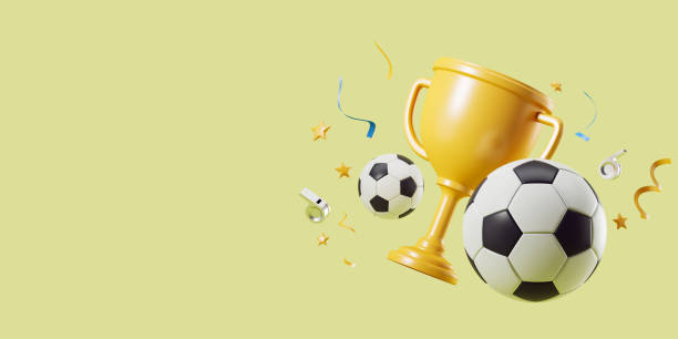 istock Gold cup with football and falling confetti, copy space 1452336175