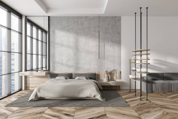 istock Light bedroom interior with sleeping and relaxing area, panoramic window 1452336427