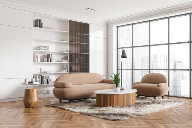 istock Corner view on bright living room interior with sofa, armchair 1452336477