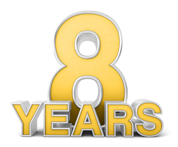 istock 8 years 3d isolated on white background. Celebrating 8th anniversary. Gold and silver metallic Number. 3D illustration. 1452340650