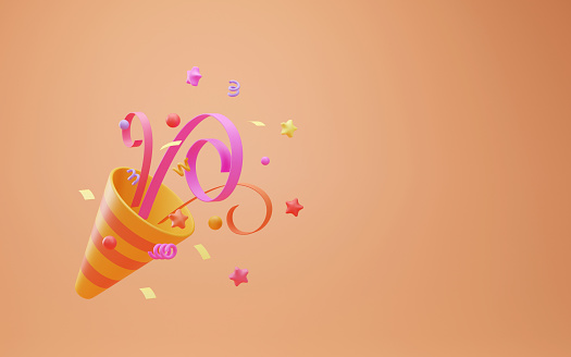 Party popper icon with colorful tiny confetti and ribbons illustrator, 3d rendering
