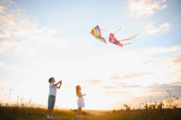 istock Children launch a kite in the field at sunset 1452341473